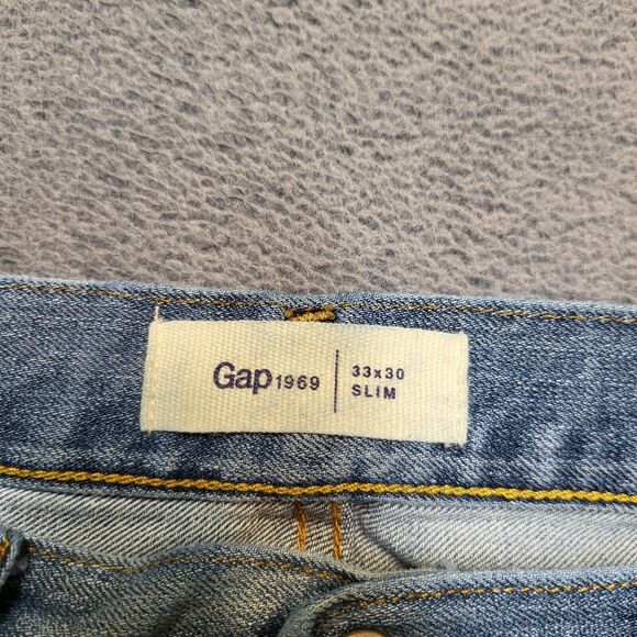 Gap 1969 Jeans Mens 30x29 Blue Slim Straight Leg Distressed Denim - Picture 3 of 11